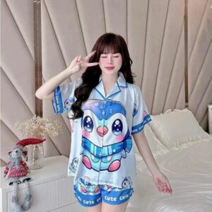 Cute Penguin Print Women's Pajama Set - Blue